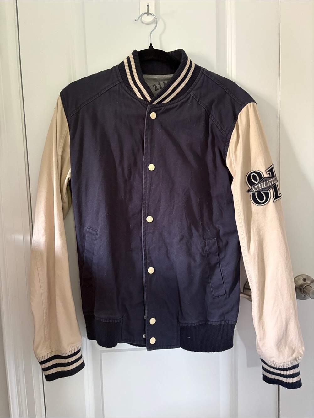 21men Navy and Cream Letterman Bomber Jacket